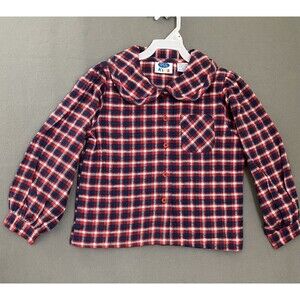 Vintage Shirt Girls Medium Red Blue Button Up Flannel Dead Stock 90s 955 Kids